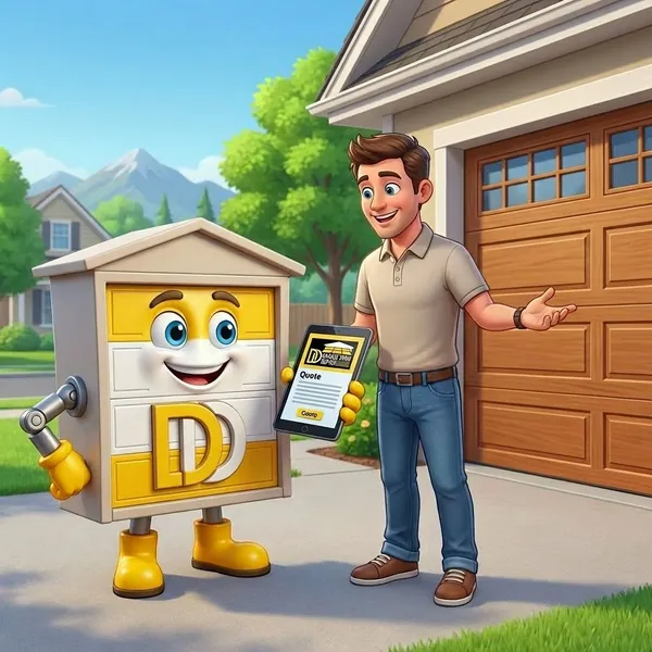 DD Garage Door Repair mascot presenting a quote on a tablet